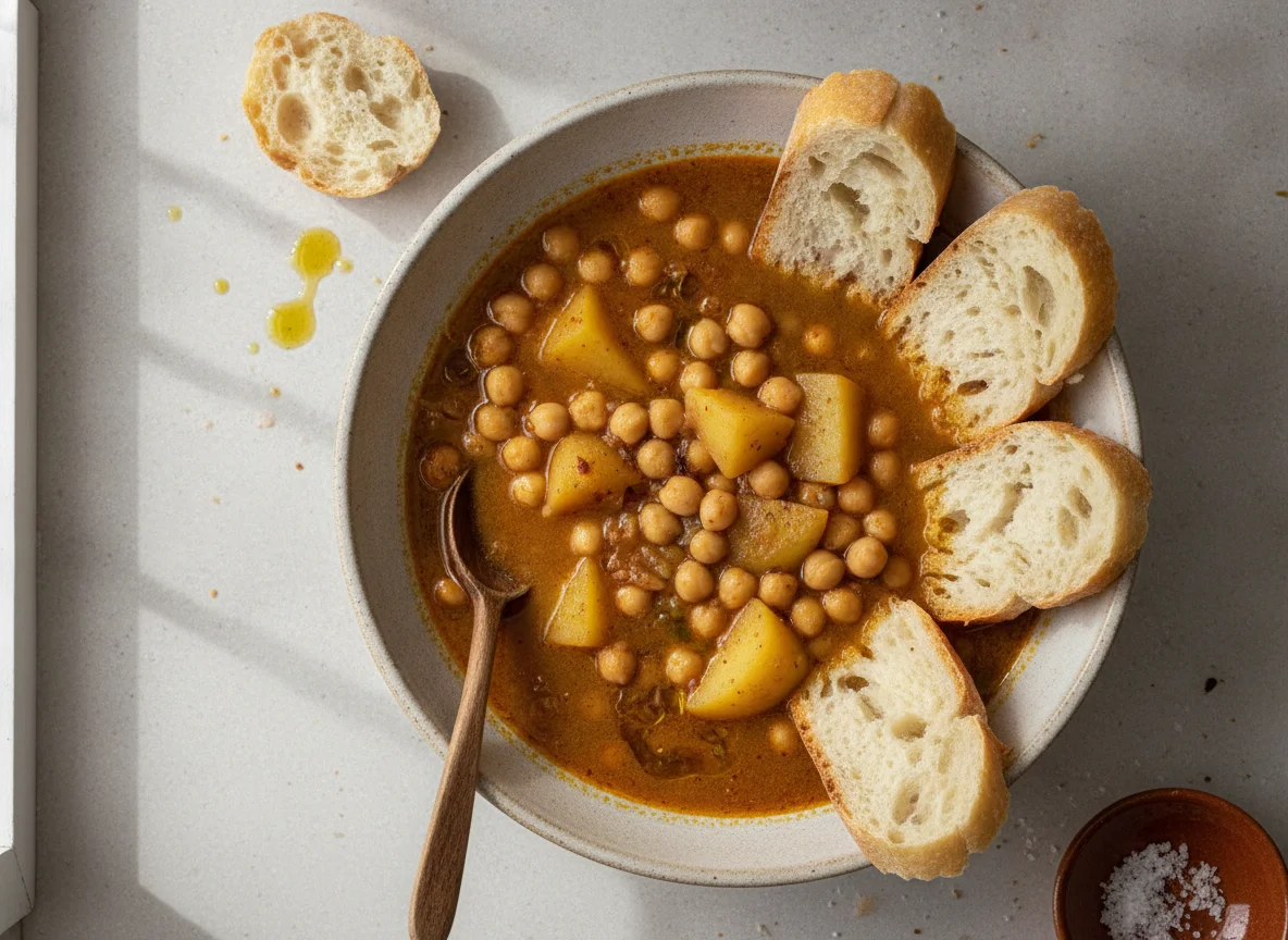 Potaje de garbanzos con patatas y pan photo