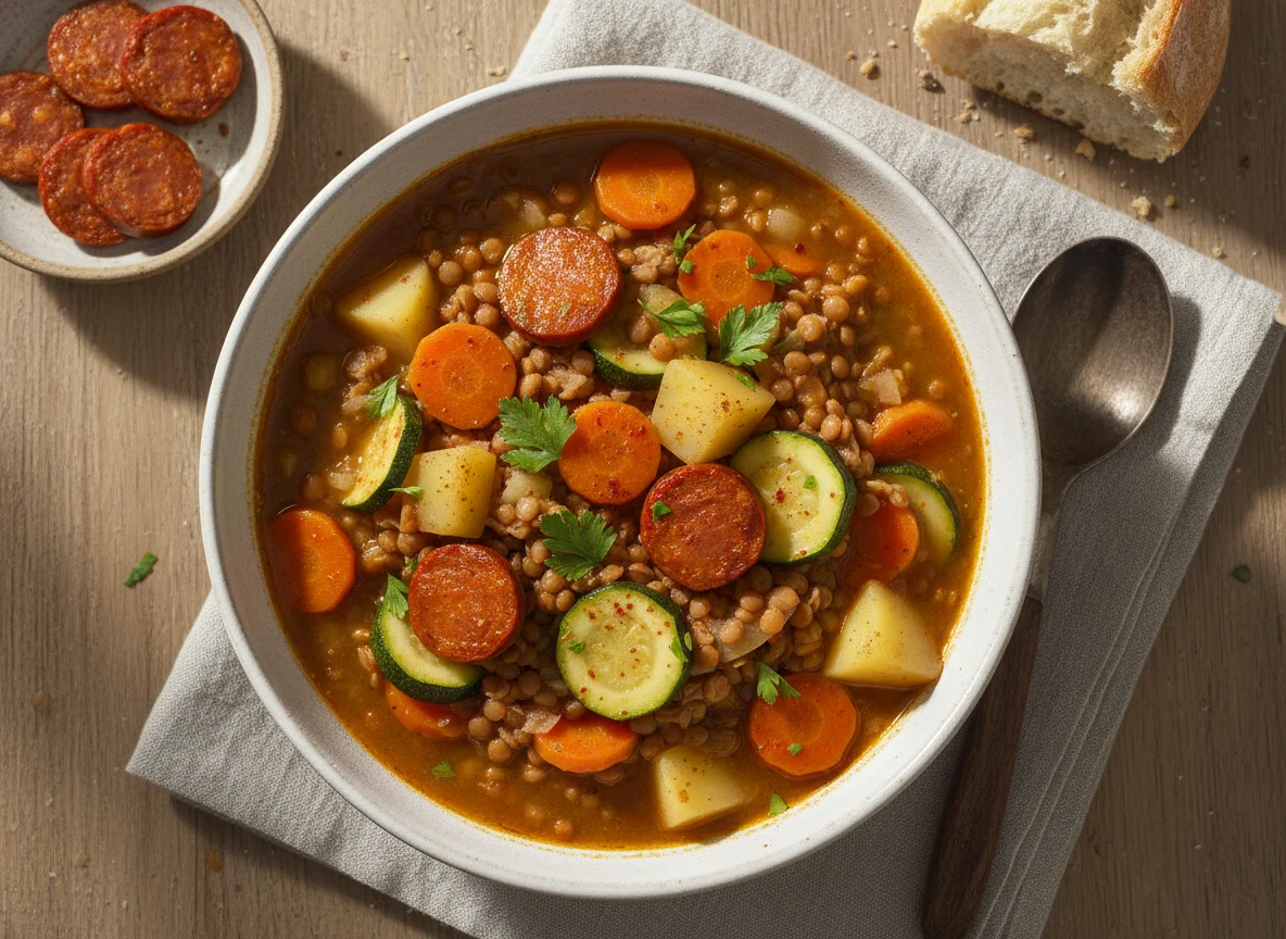 Potaje de lentejas con verduras y chorizo photo