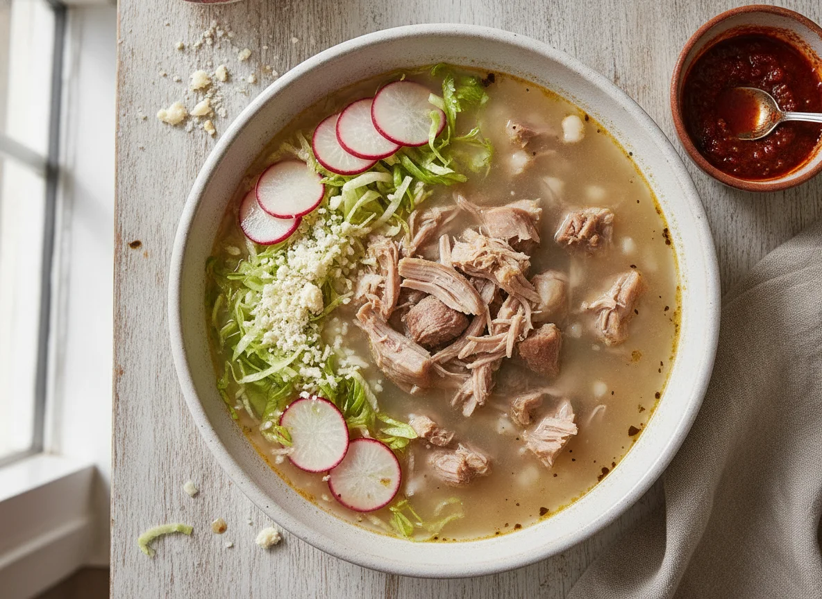 Pozole blanco con guarniciones photo
