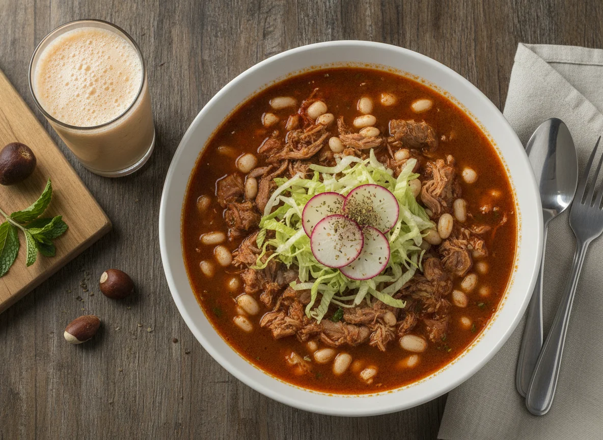 Pozole rojo con licuado de mamey photo