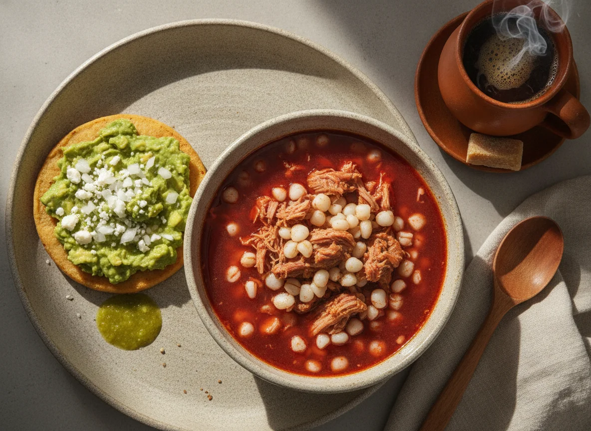 Pozole rojo con sope de guacamole photo