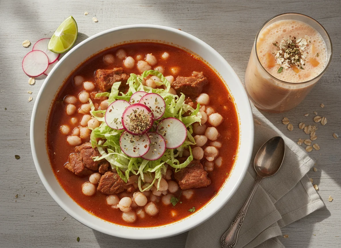 Pozole rojo y licuado de papaya con avena photo