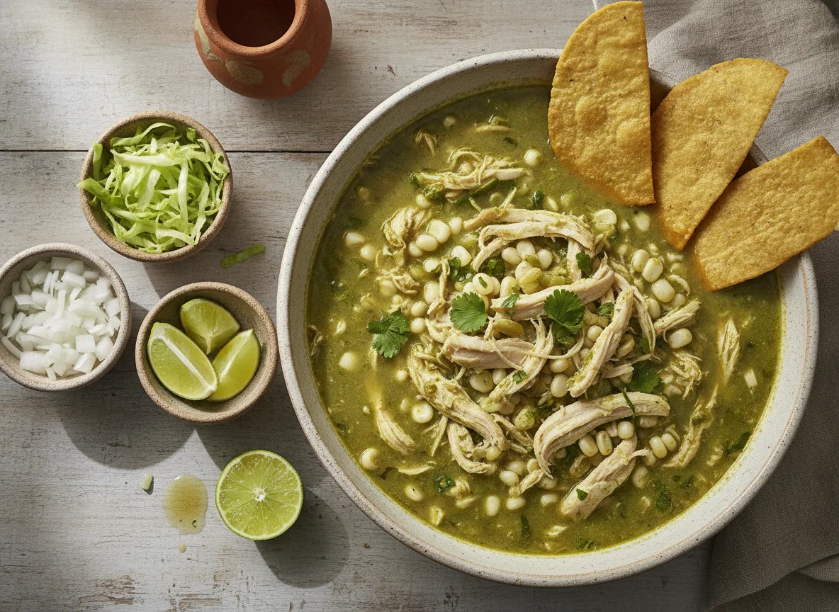 Pozole verde de pollo con tostadas photo