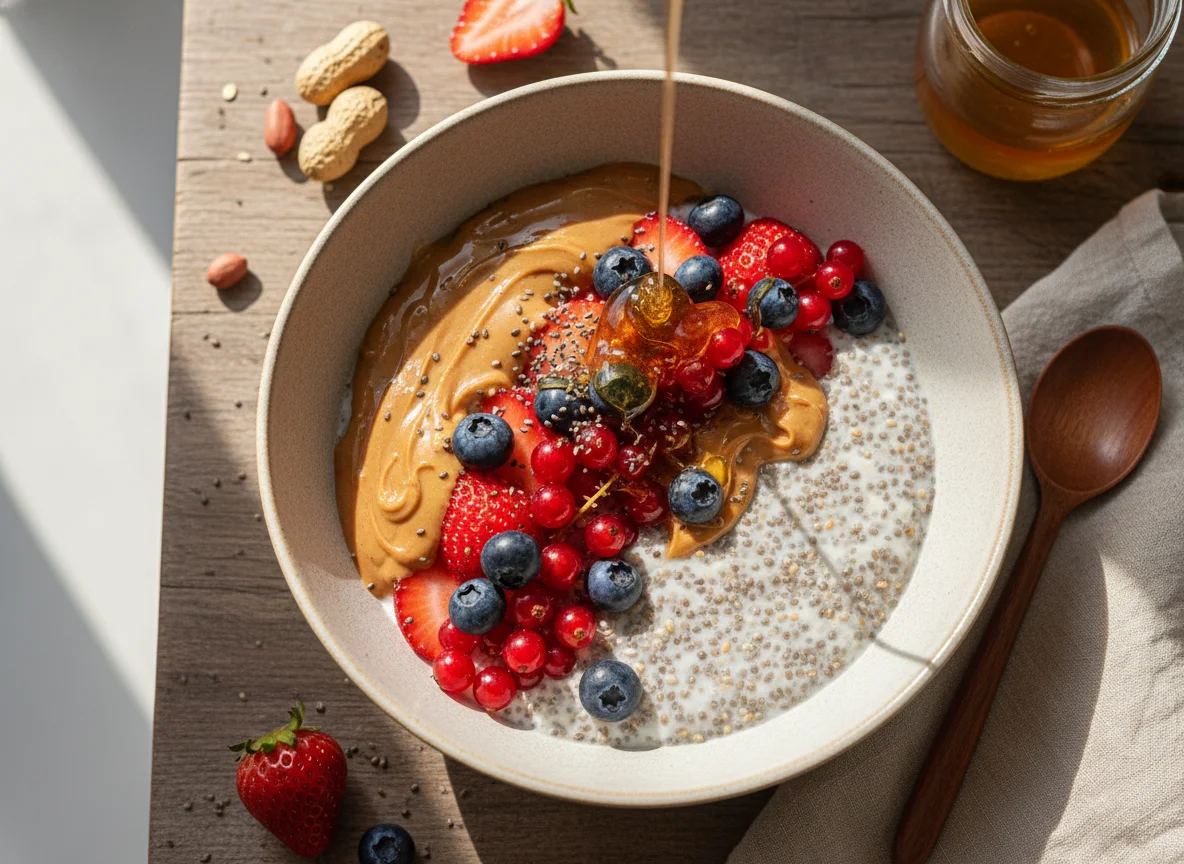 Pudín de chía con frutos rojos, mantequilla de cacahuete y miel photo