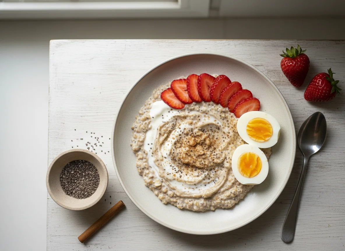 Pudin de chía y avena con yogur griego, leche, fresas y huevos cocidos photo