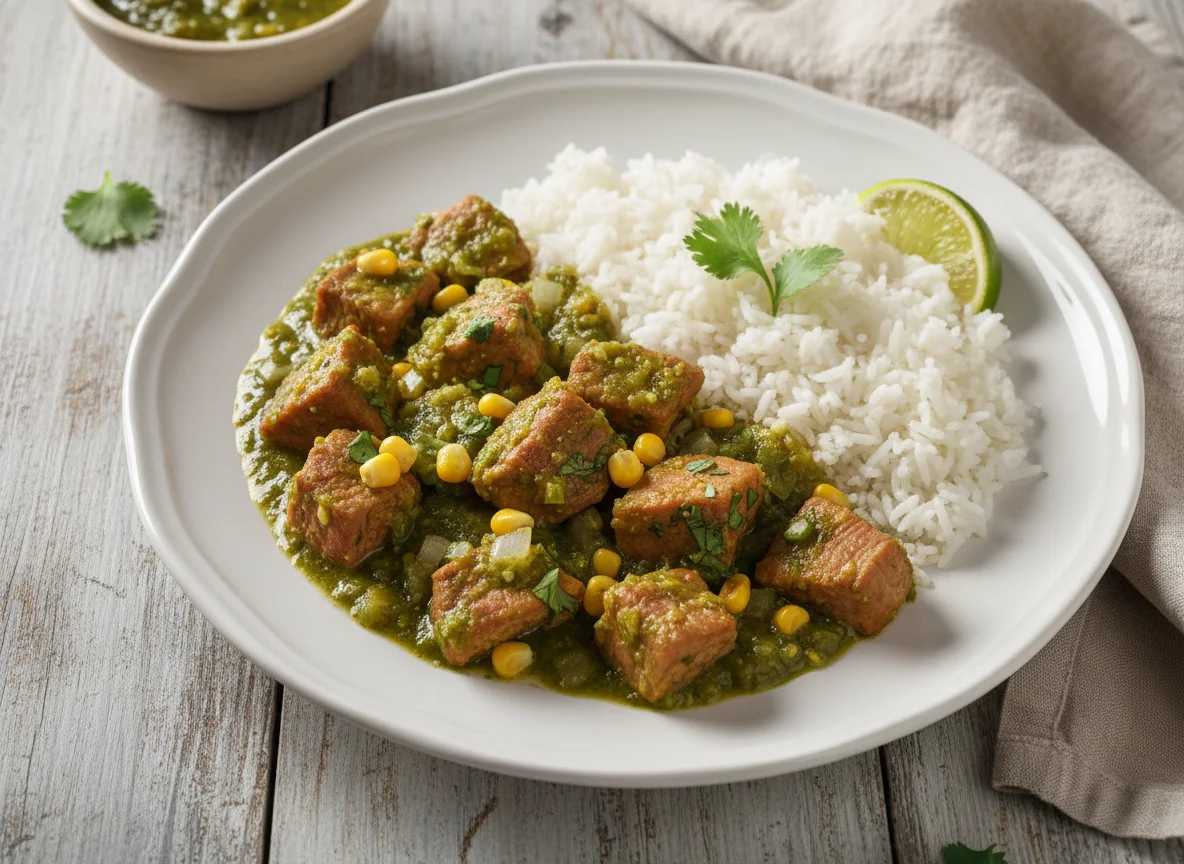 Puerco en salsa verde con arroz blanco photo