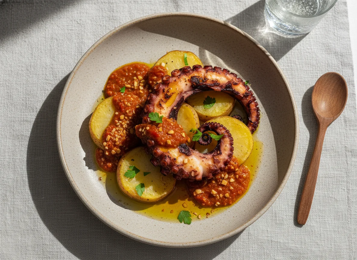 Pulpo a la brasa con patatas y salsa photo