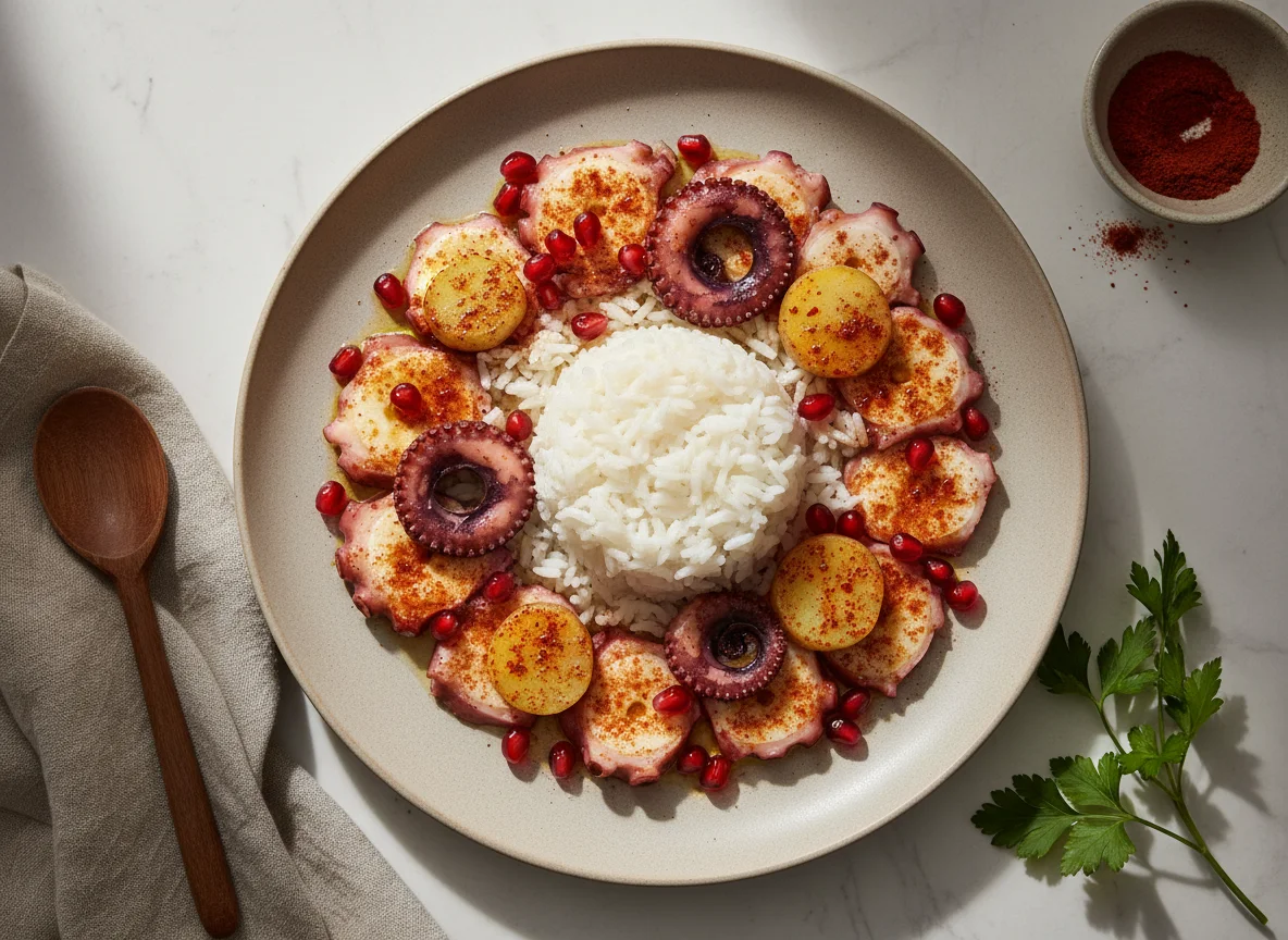 Pulpo a la gallega con arroz y granada photo