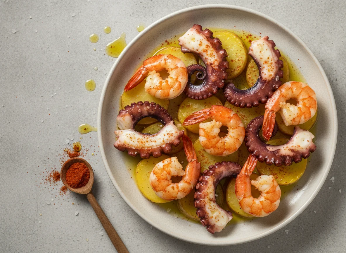 Pulpo a la gallega con gambones photo