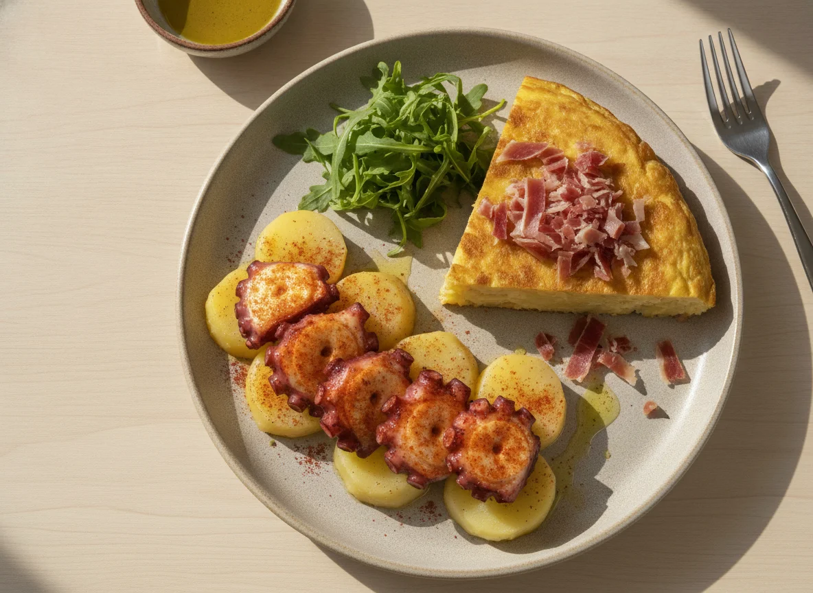 Pulpo a la gallega con tortilla de patatas y jamón photo