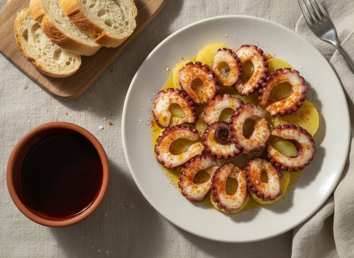 Pulpo a la gallega con vino tinto y pan photo