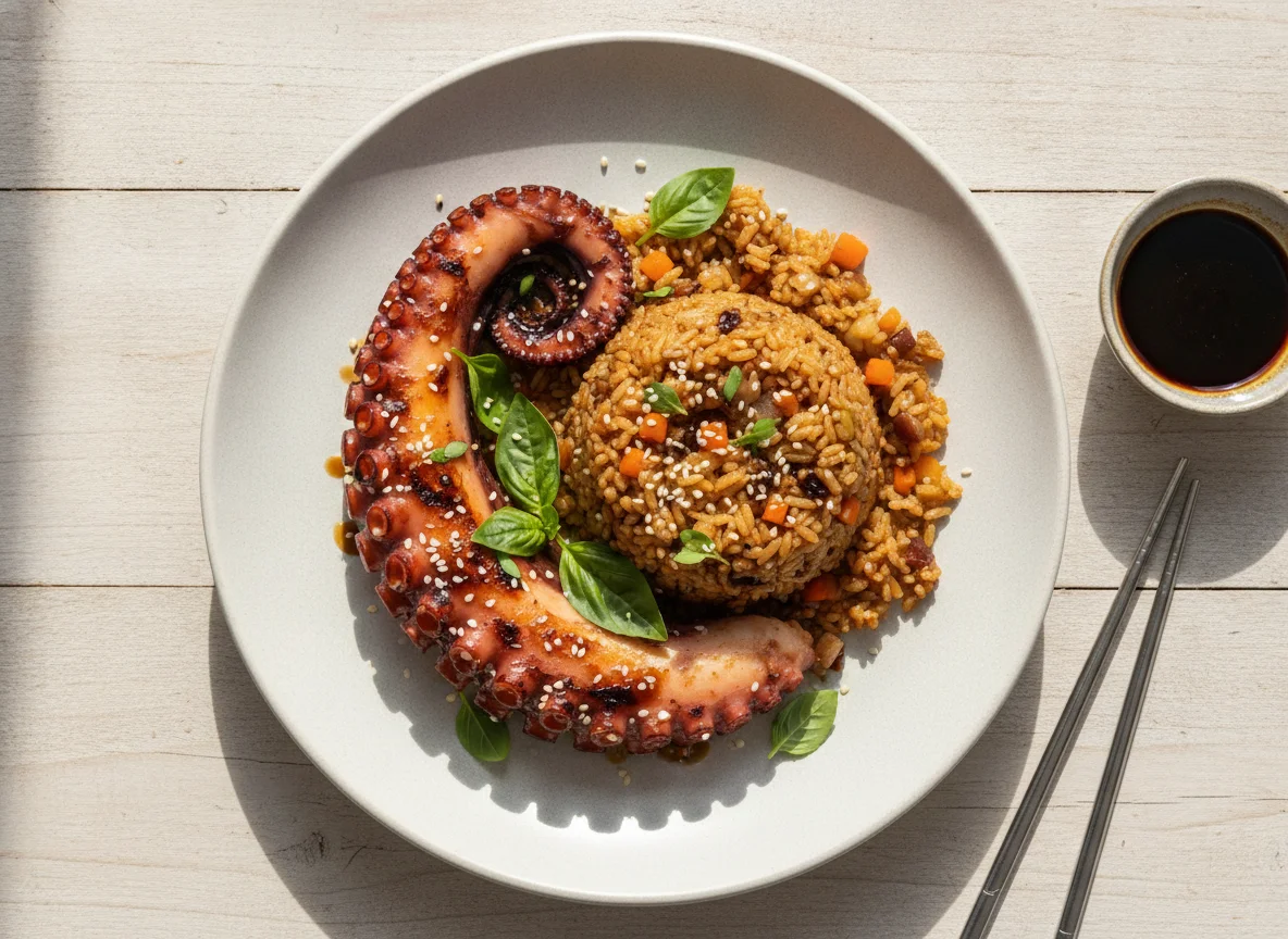 Pulpo a la parrilla con arroz y vegetales photo