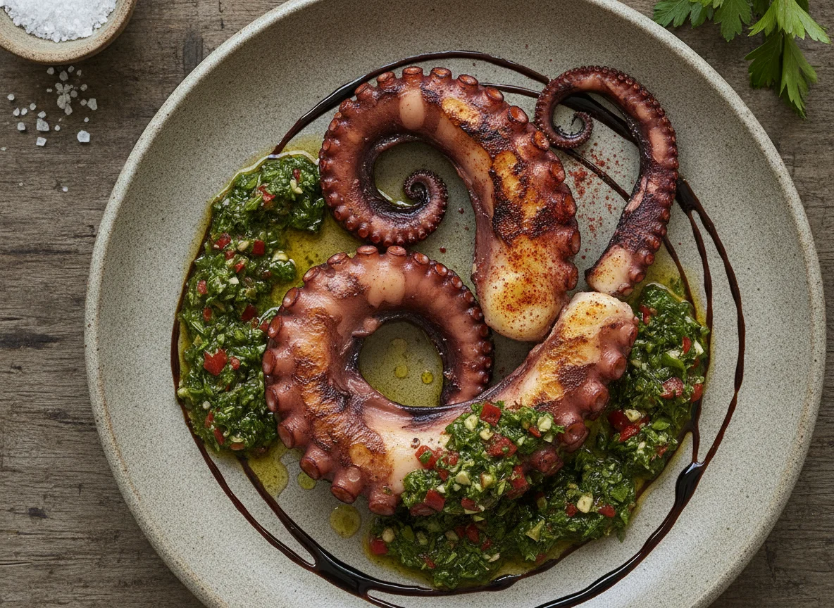 Pulpo a la parrilla con chimichurri y reducción de balsámico photo