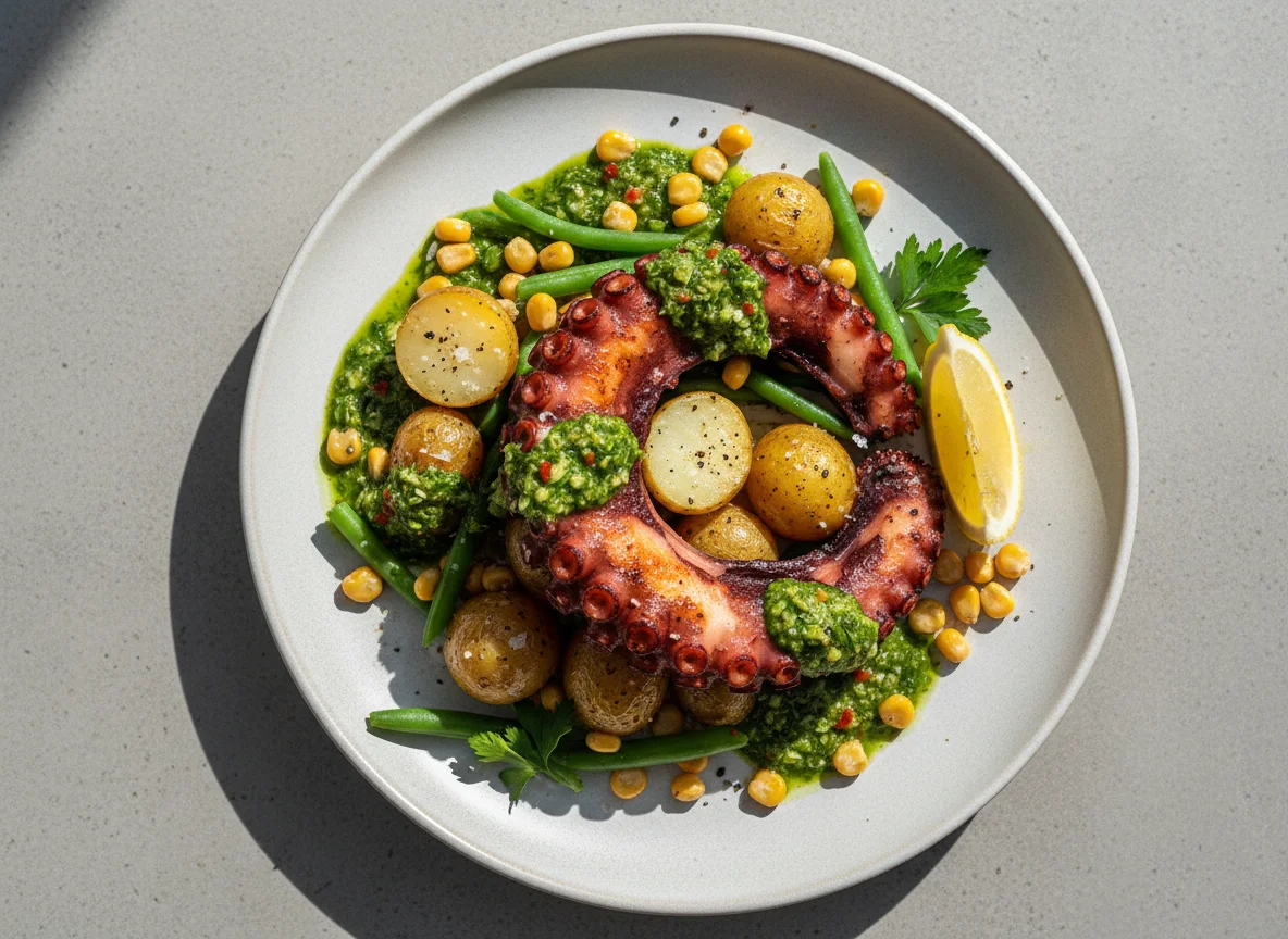 Pulpo a la parrilla con papas y ejotes photo