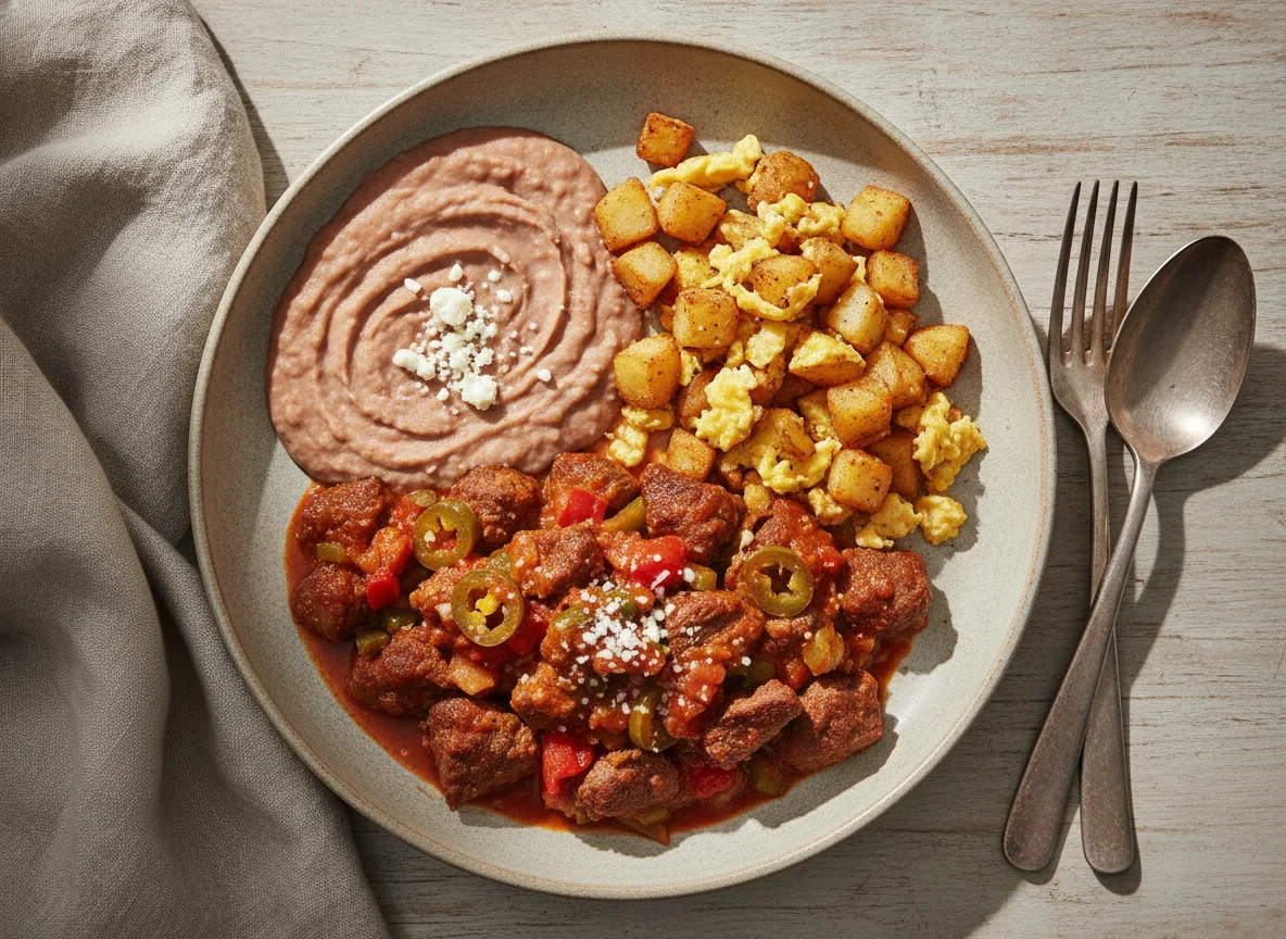 Puntas de res a la mexicana con frijoles y papas photo