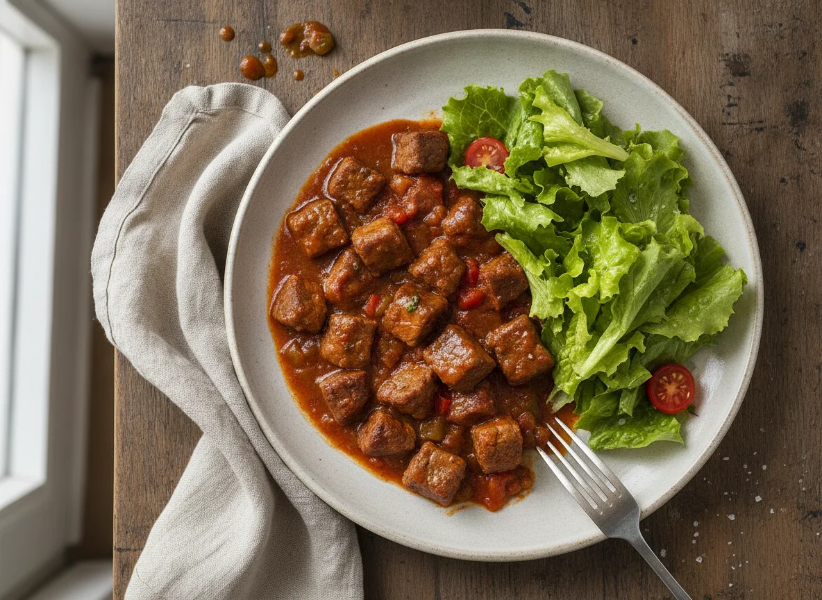 Puntas de res en salsa con guarnición de lechuga photo