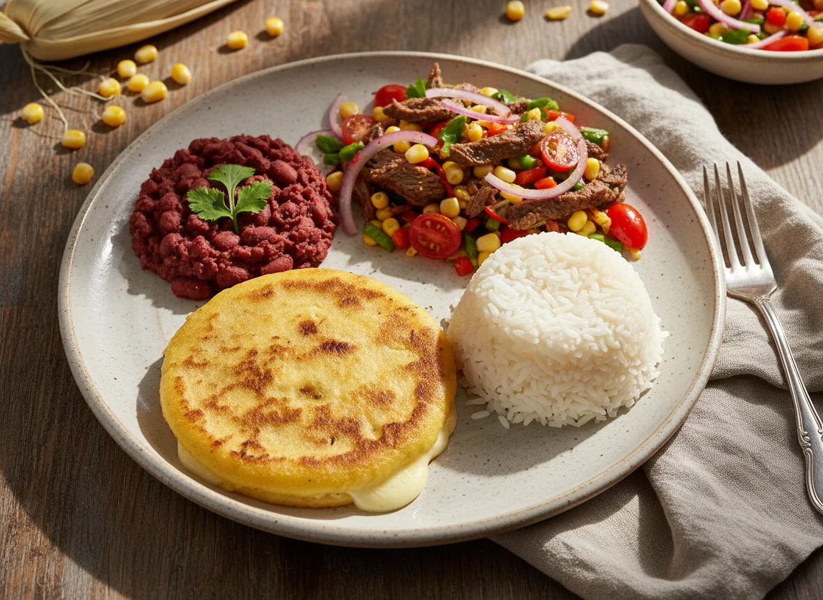 Pupusa con frijoles, arroz y ensalada de maíz photo