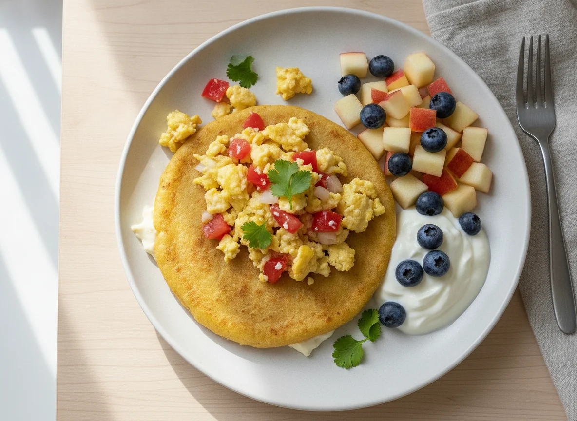 Pupusa con huevo picado y ensalada de frutas photo