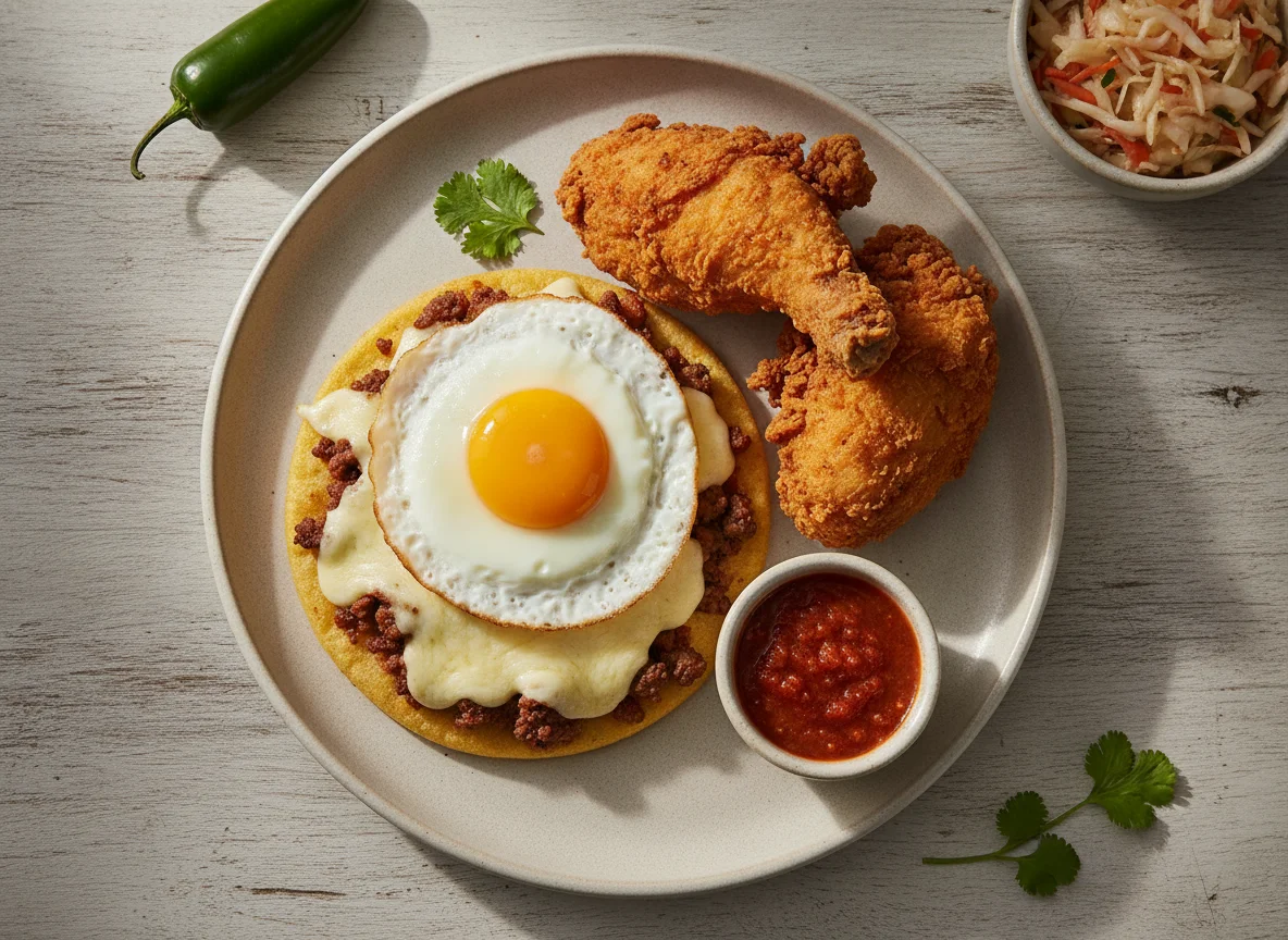 Pupusa de carne y queso con huevo y pollo photo