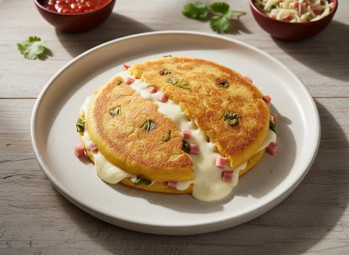 Pupusa de queso, jamón y loroco photo