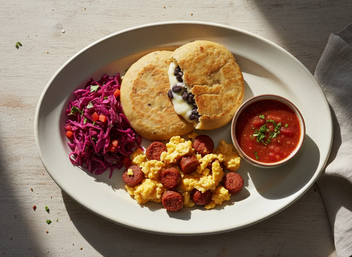 Pupusas con curtido y salsa, con acompañamiento de huevos revueltos y chorizo photo