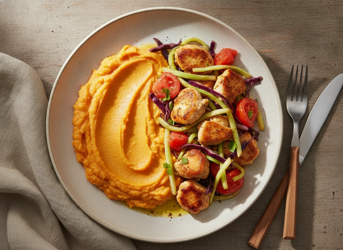Puré de batata con salteado de pollo, repollo y tomate photo