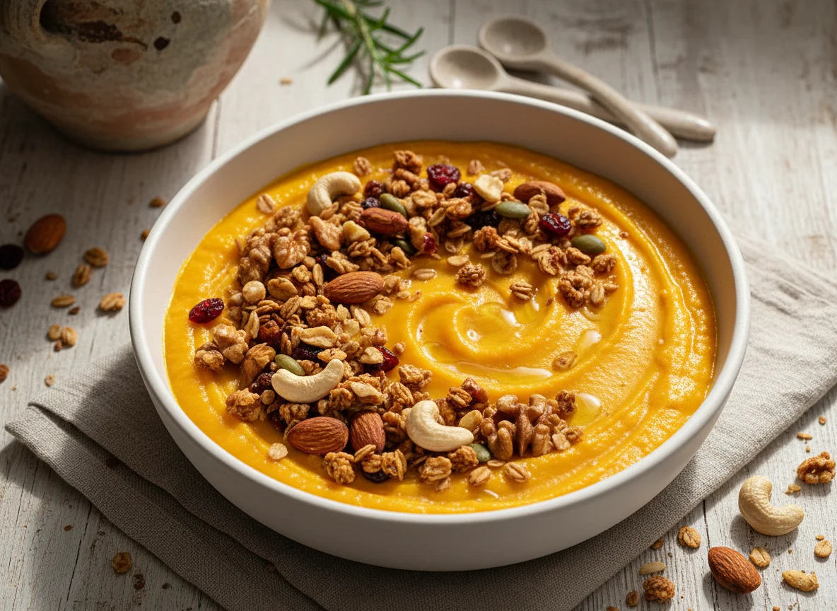 Puré de calabaza con granola y frutos secos photo