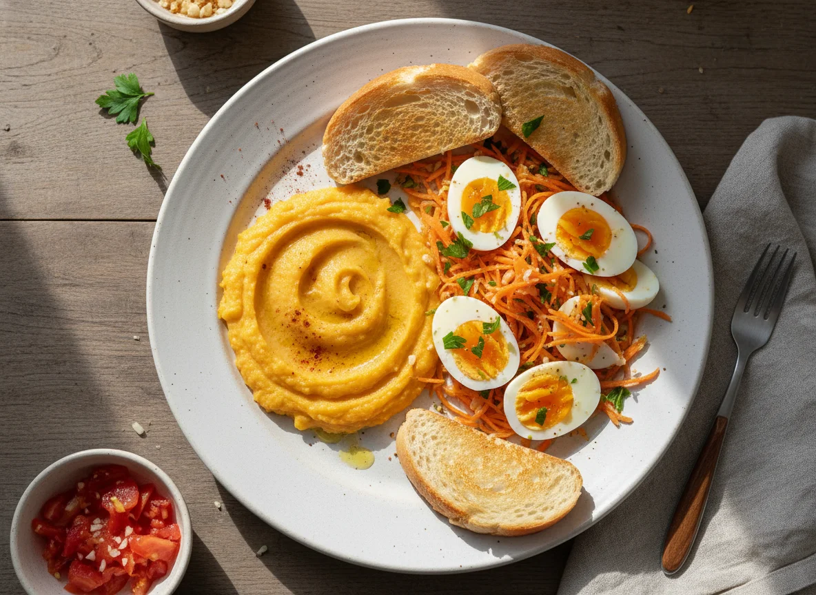 Puré de calabaza, ensalada de zanahoria y huevo, y tostadas photo