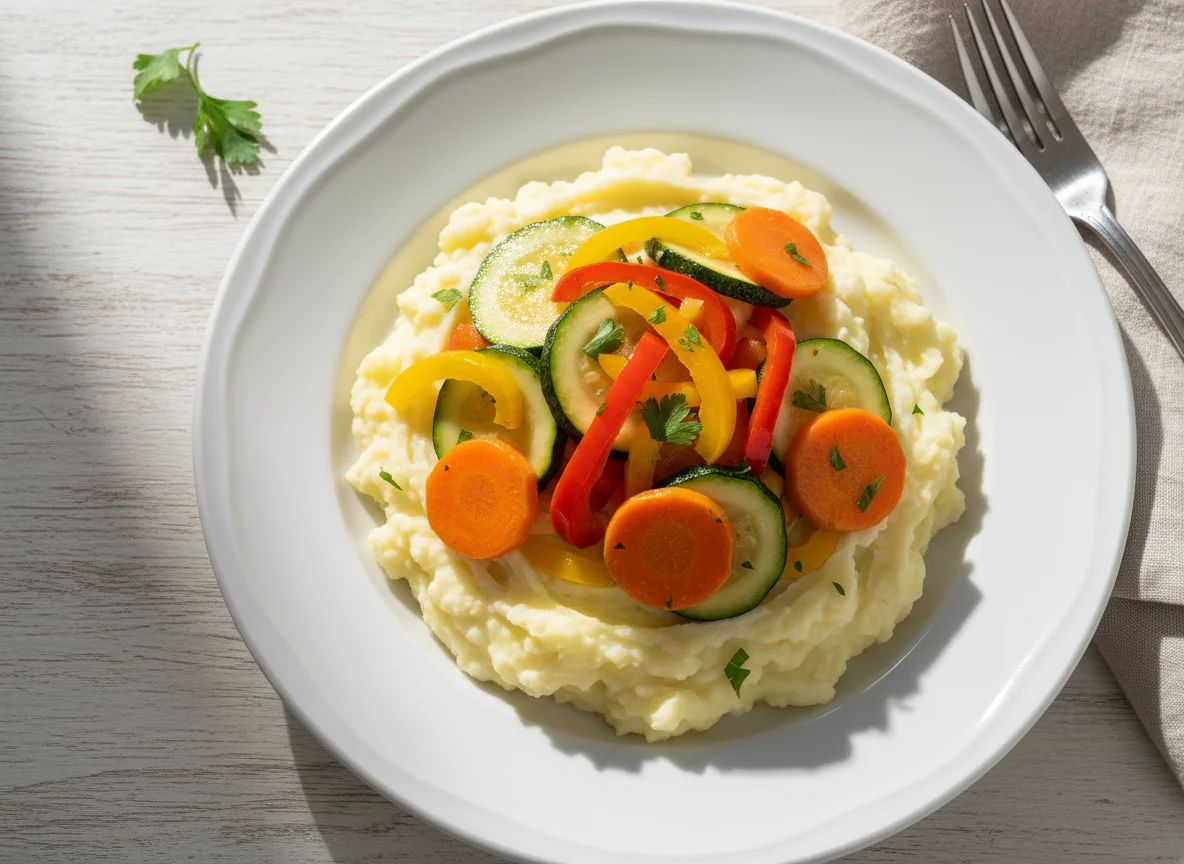 Puré de papa con vegetales salteados photo