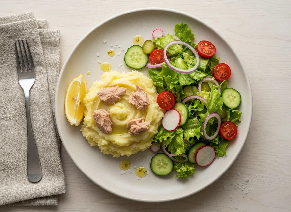 Puré de papas con atún y ensalada mixta photo