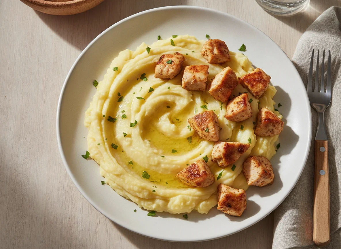 Puré de papas con trozos de pollo photo