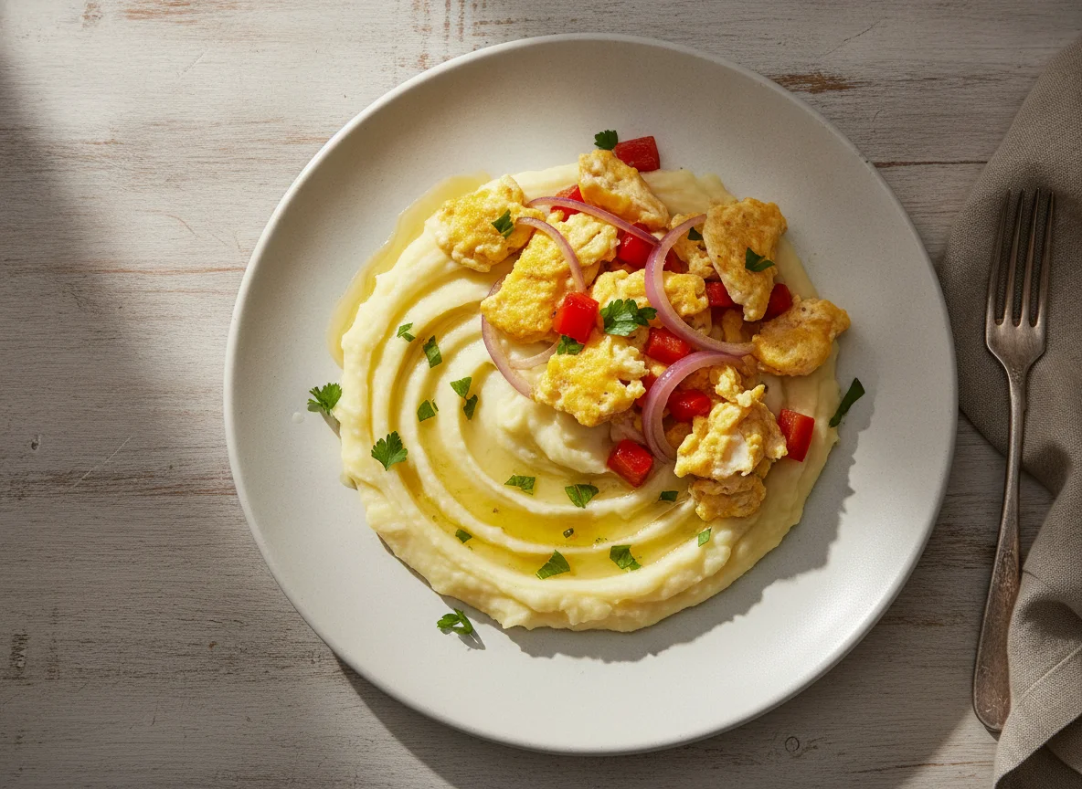 Puré de patatas con huevos revueltos y verduras photo