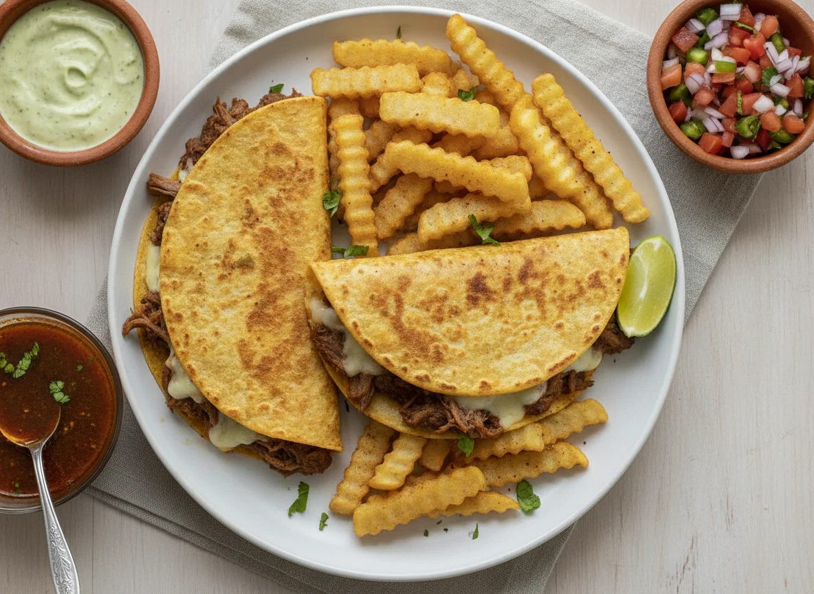 Quesabirria con papas fritas y salsas photo