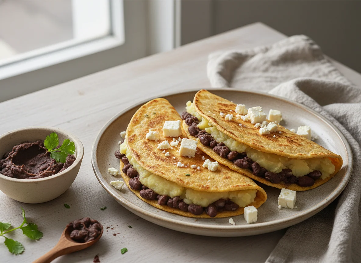 Quesadilla con frijol, puré de papa y queso panela photo