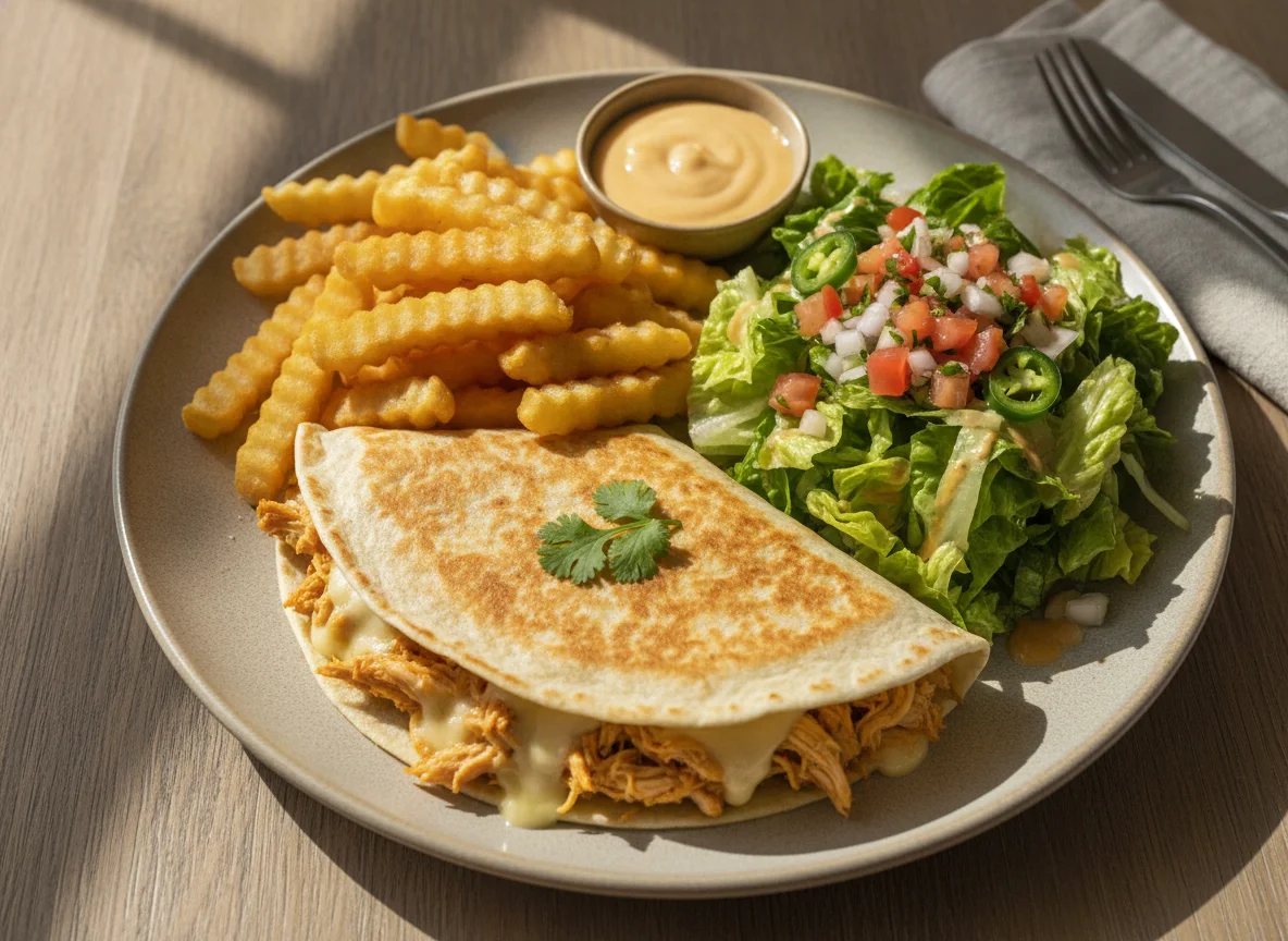 Quesadilla con papas fritas y ensalada photo