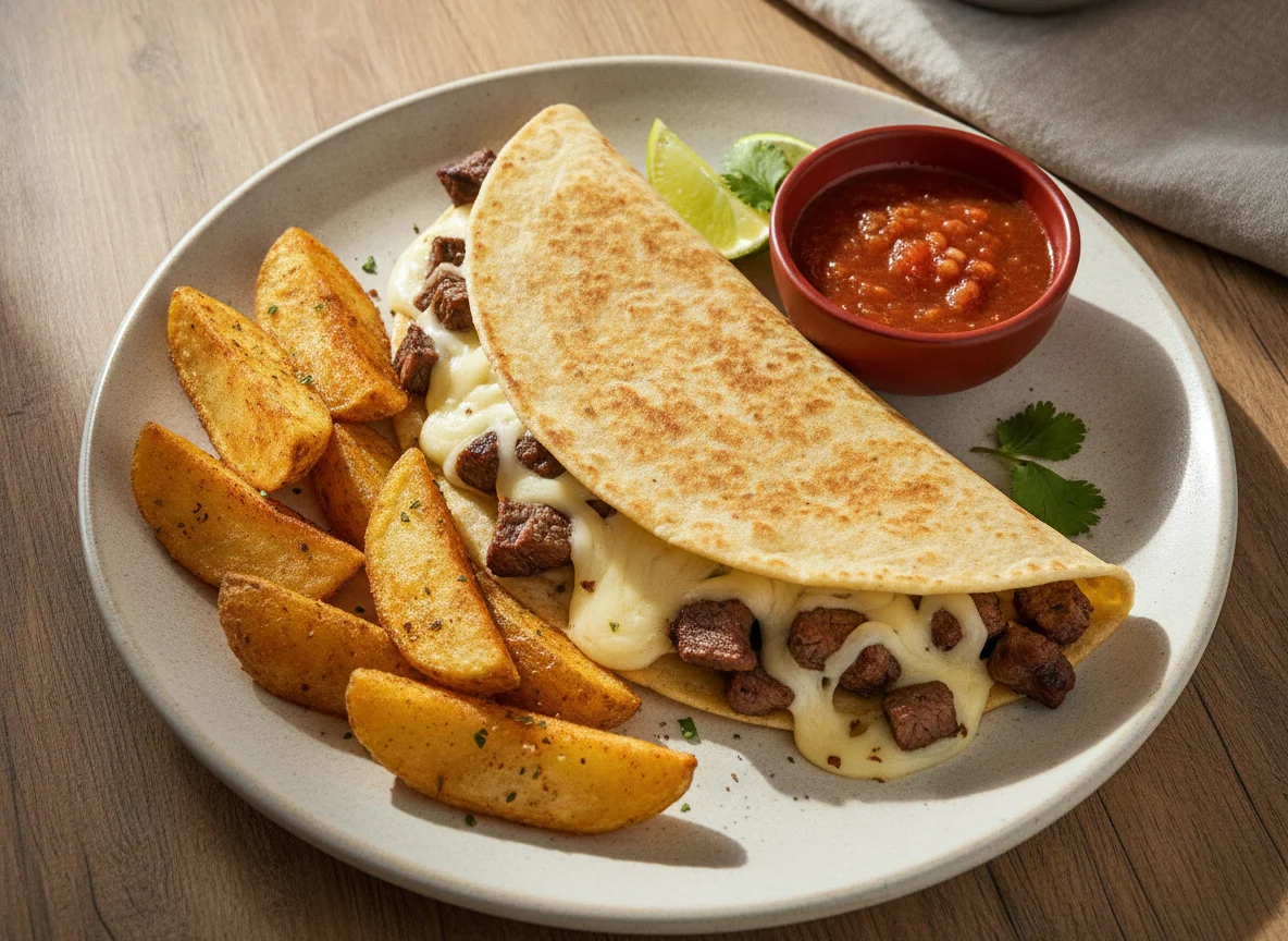 Quesadilla de carne con papas gajo photo