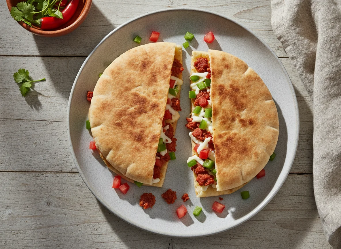 Quesadilla de chorizo de cerdo en pan árabe photo