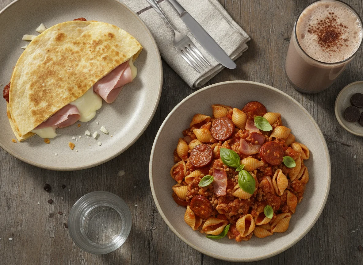 Quesadilla de jamón, pasta con carne y batido de proteína photo