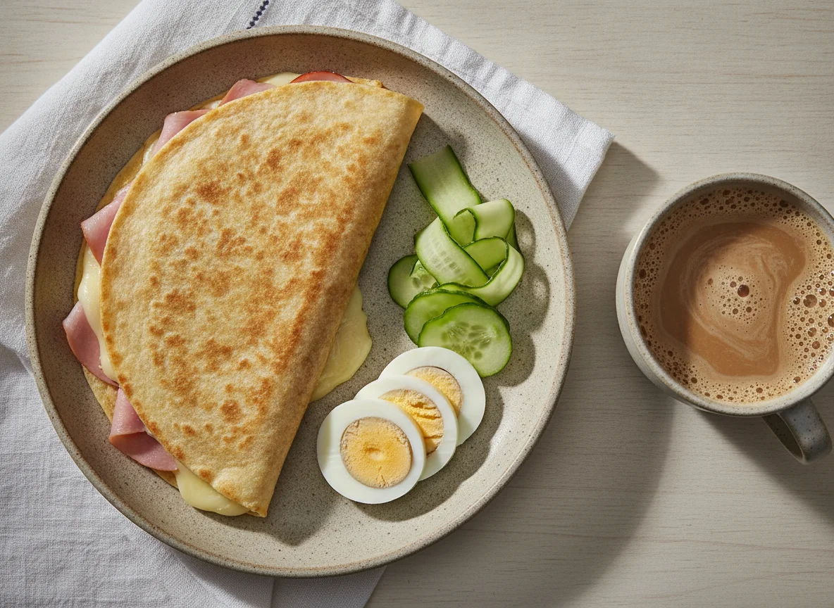 Quesadilla de jamón y queso con pepino, huevo y café con leche photo