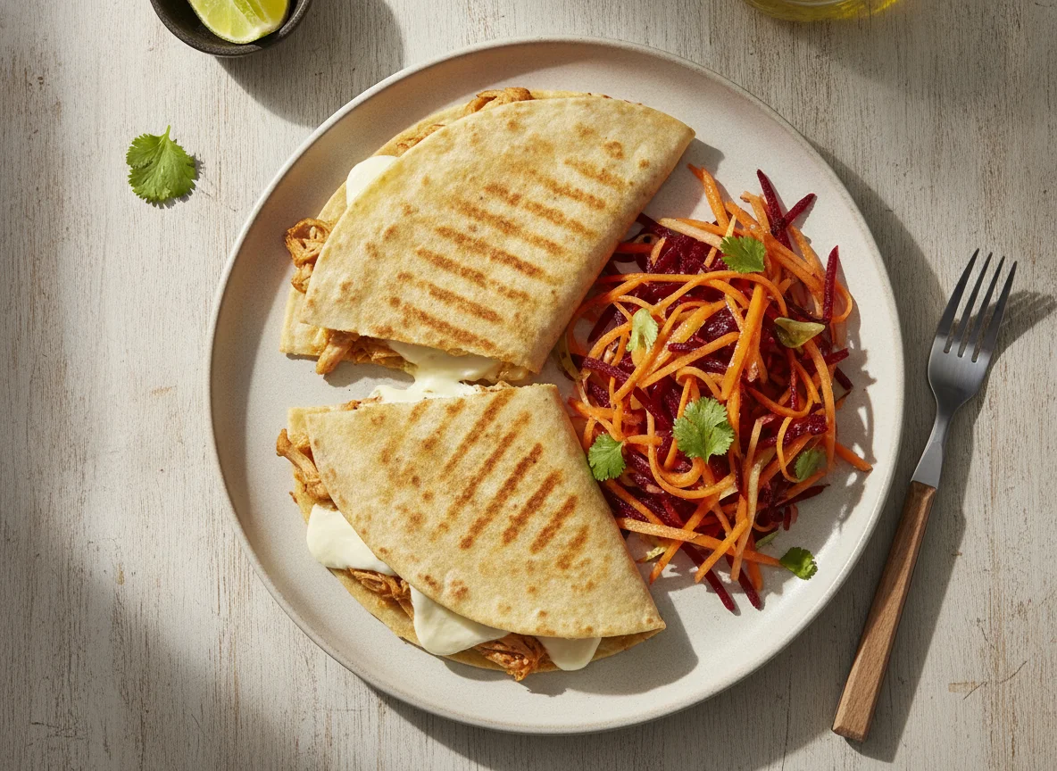 Quesadilla de pollo con ensalada de zanahoria y remolacha photo