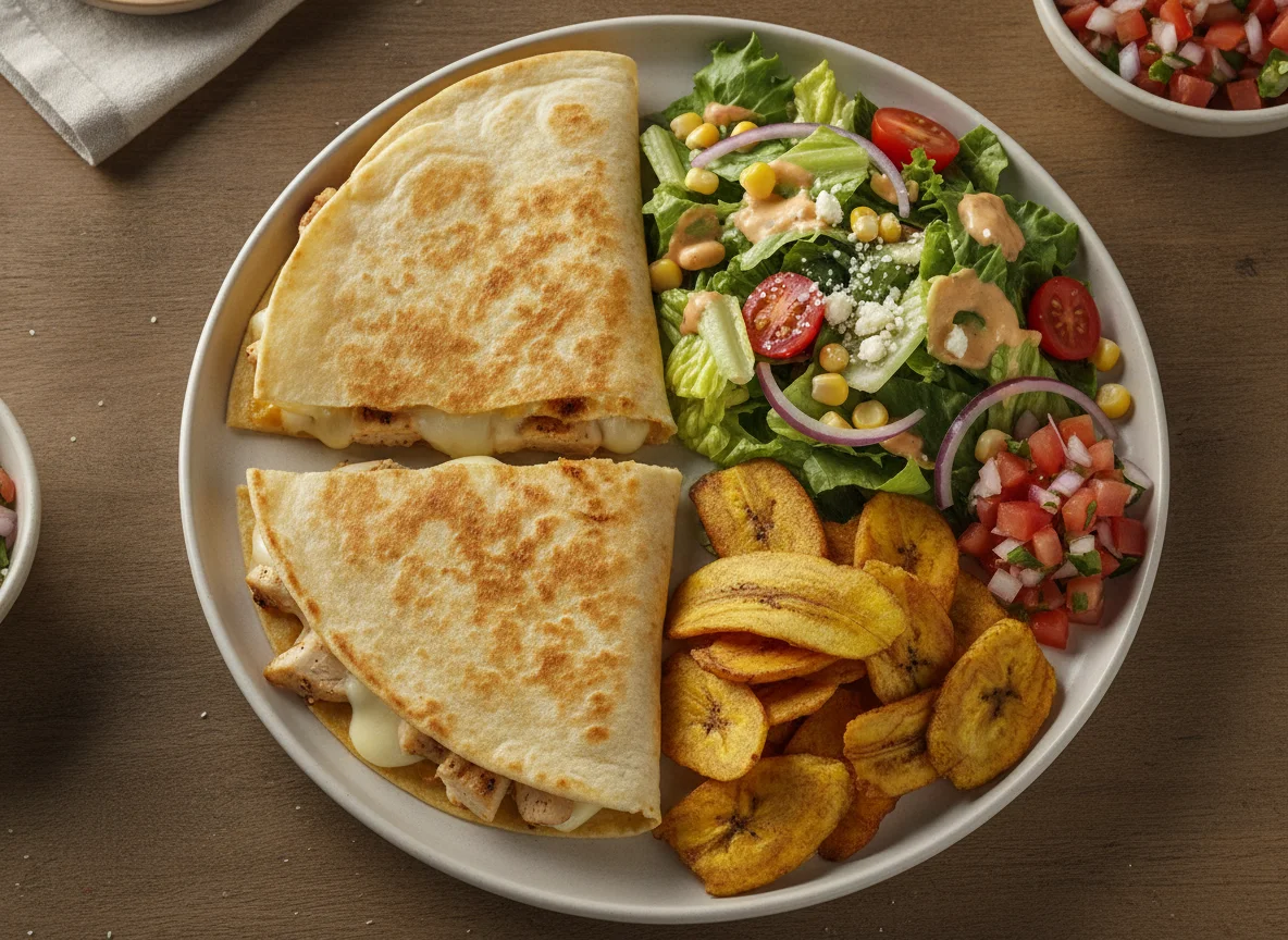 Quesadilla de pollo con ensalada y platanitos photo