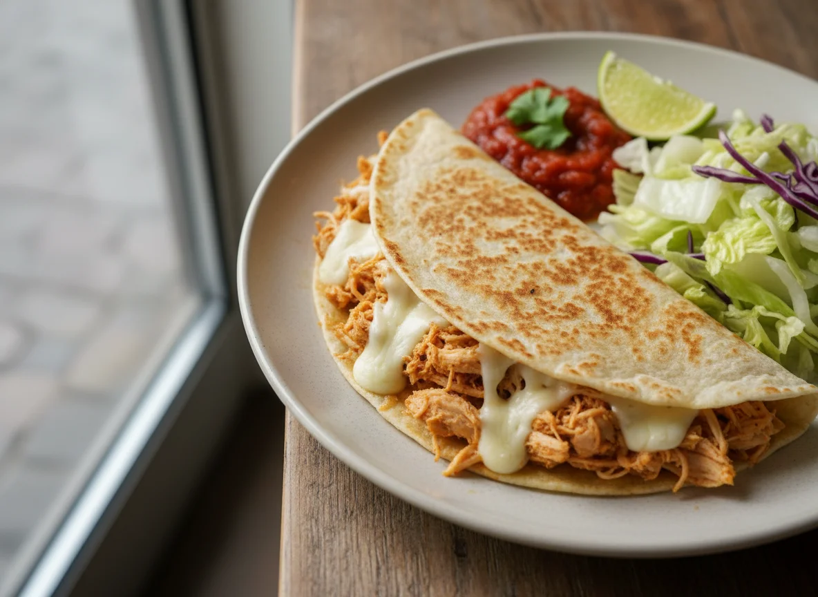 Quesadilla de pollo con salsa y lechuga photo