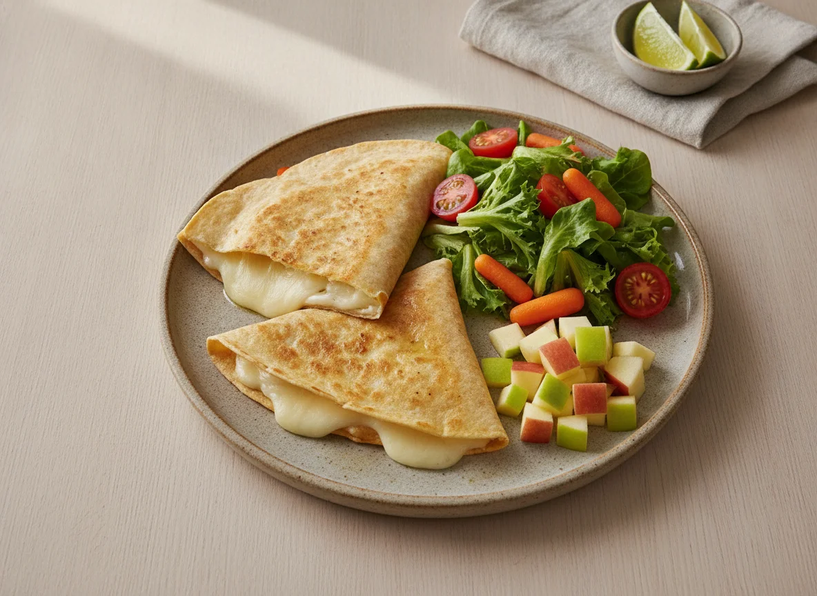 Quesadillas con ensalada y fruta photo