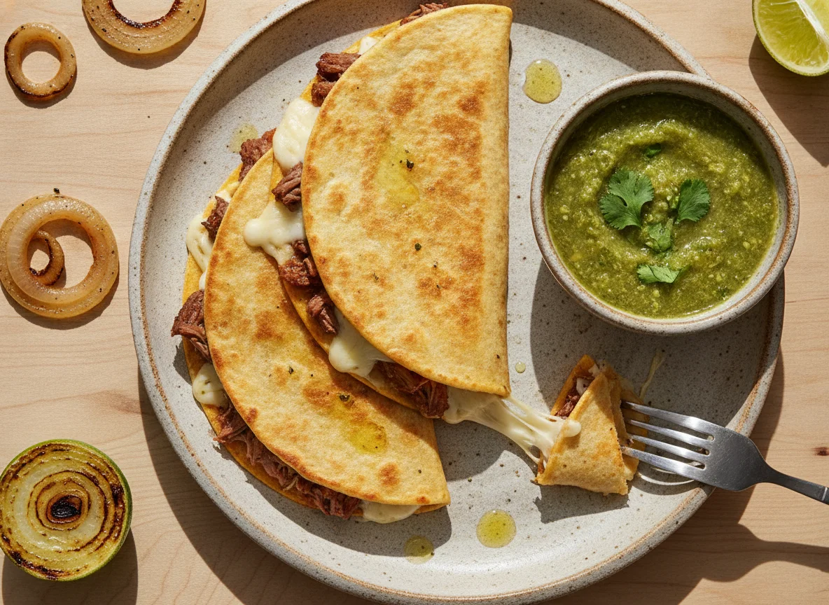 Quesadillas de carne con cebolla y salsa photo