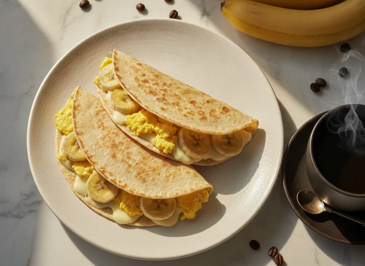 Quesadillas de huevo con banano y café photo