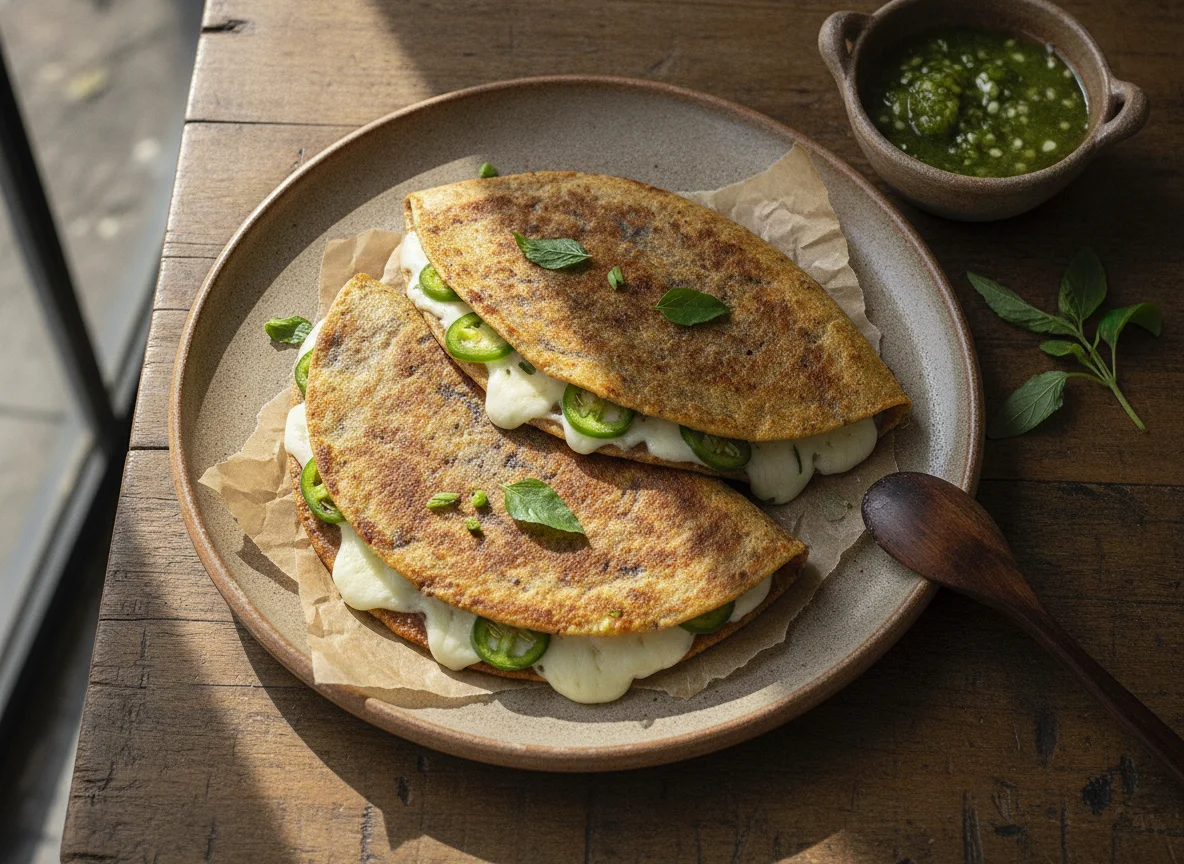 Quesadillas de masa azul con chile verde y epazote photo