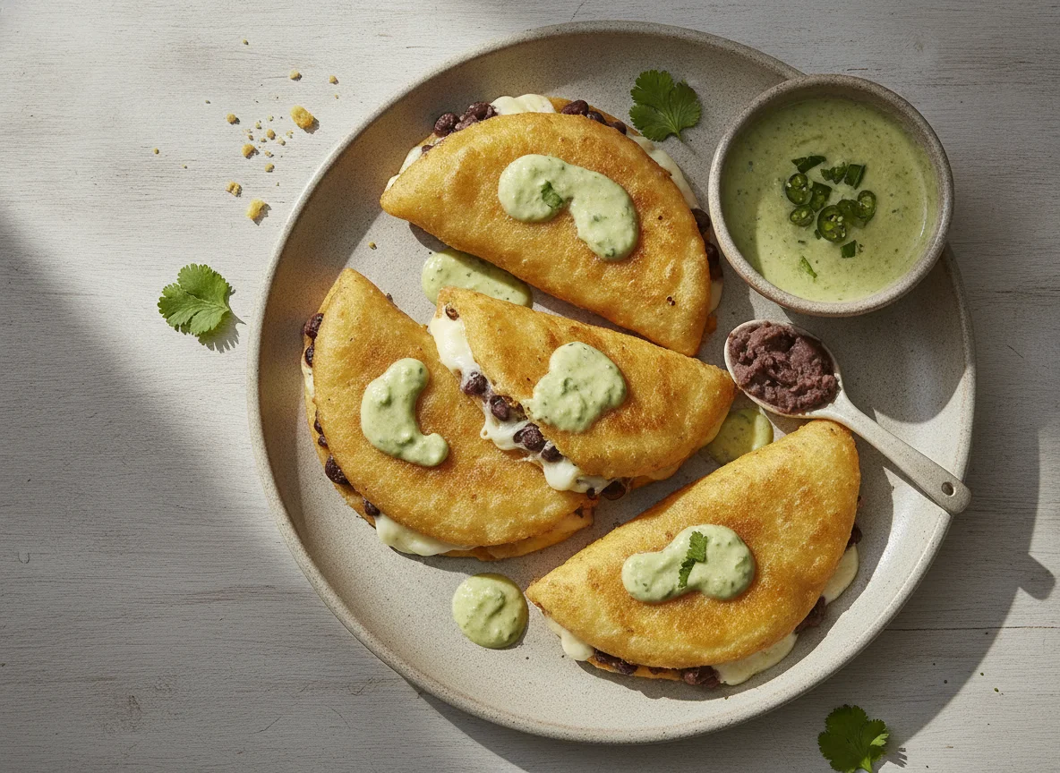Quesadillas fritas con frijoles y salsa photo