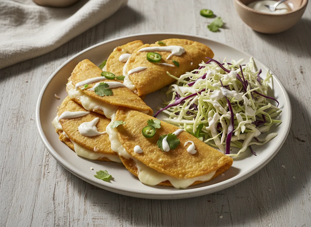 Quesadillas fritas con repollo y crema photo