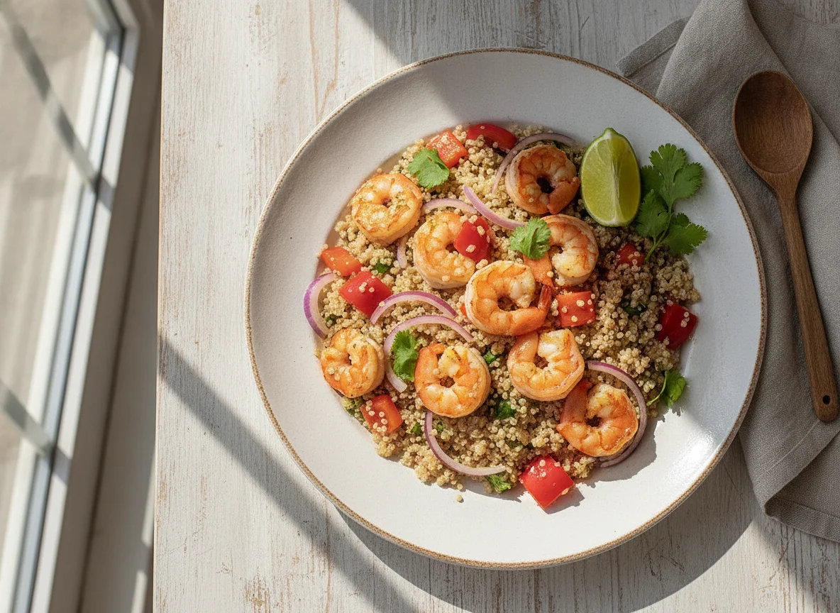 Quinoa con camarones y vegetales photo