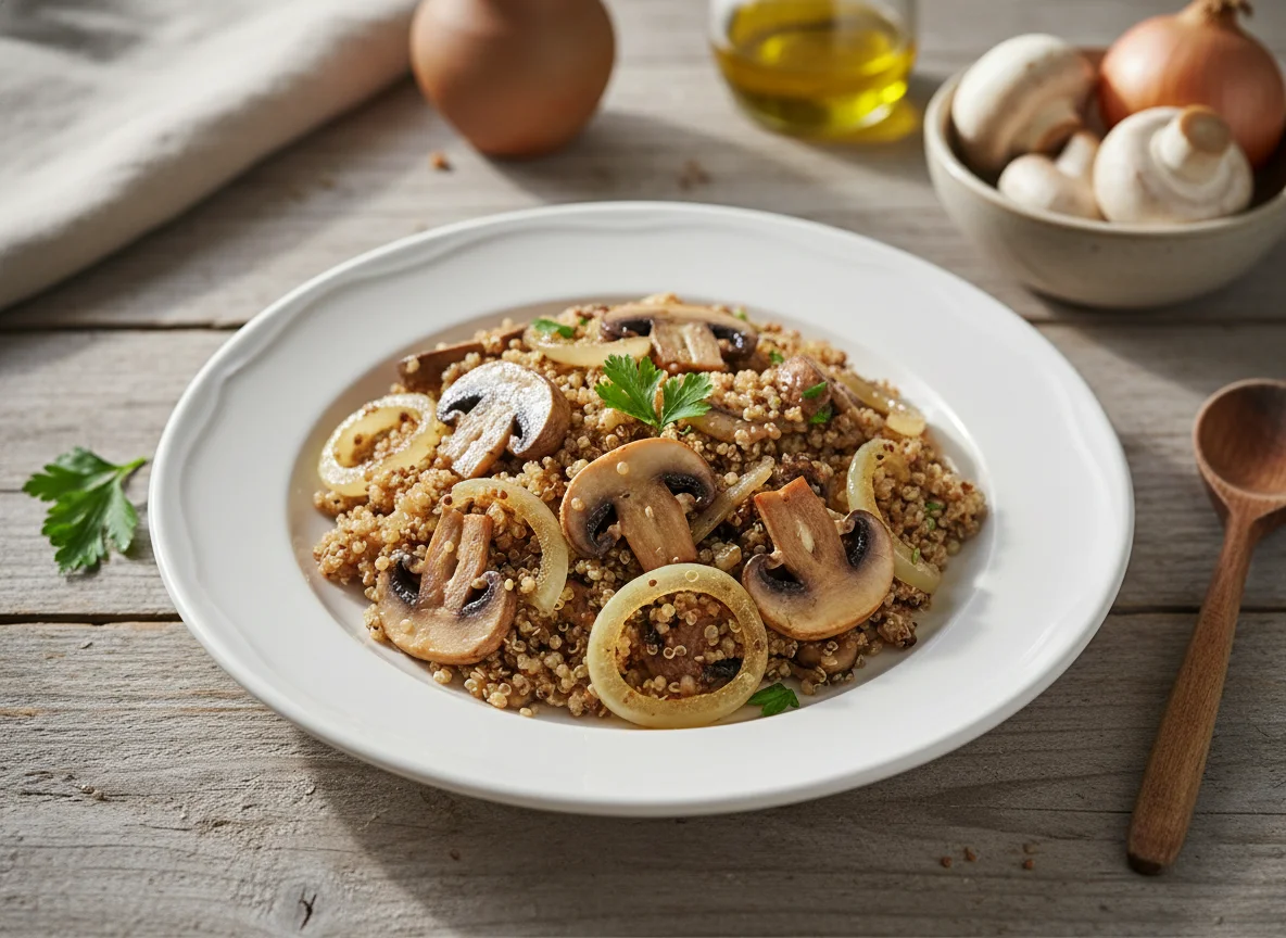 Quinoa con champiñones y cebolla photo